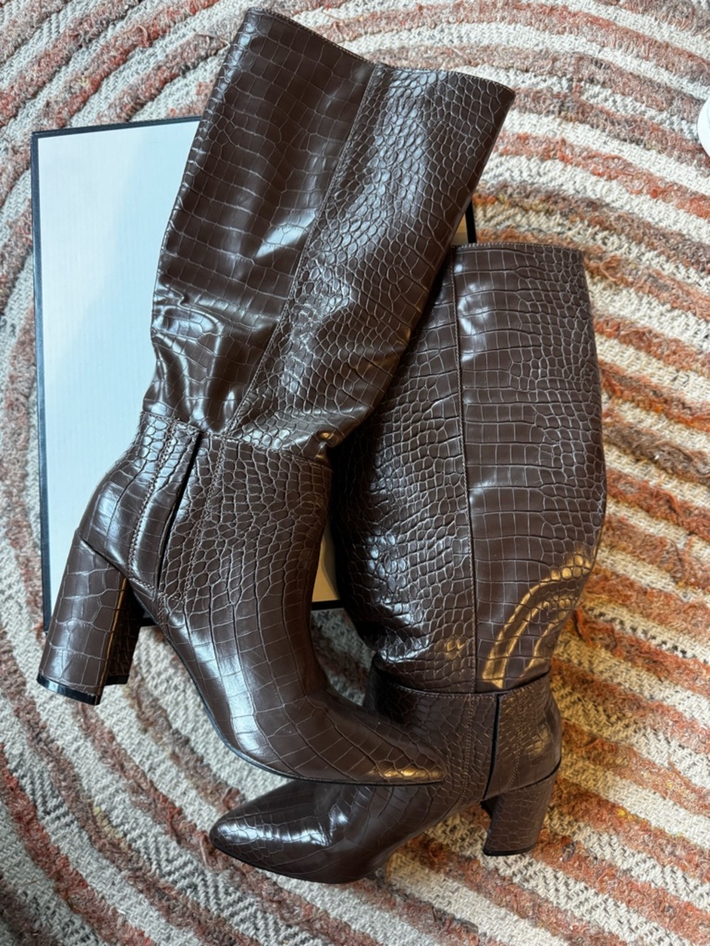 Lulu's Dark Brown Croc-Embossed Knee Boots with Block Heel
